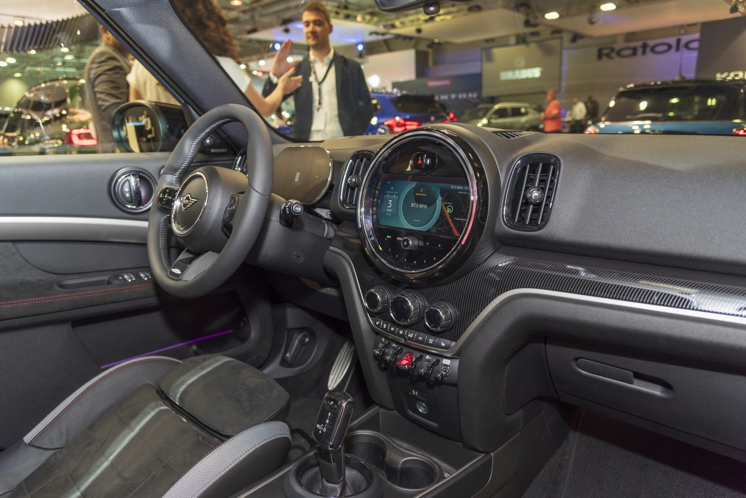 Dashboard and infotainment display with steering wheel and gear shifter