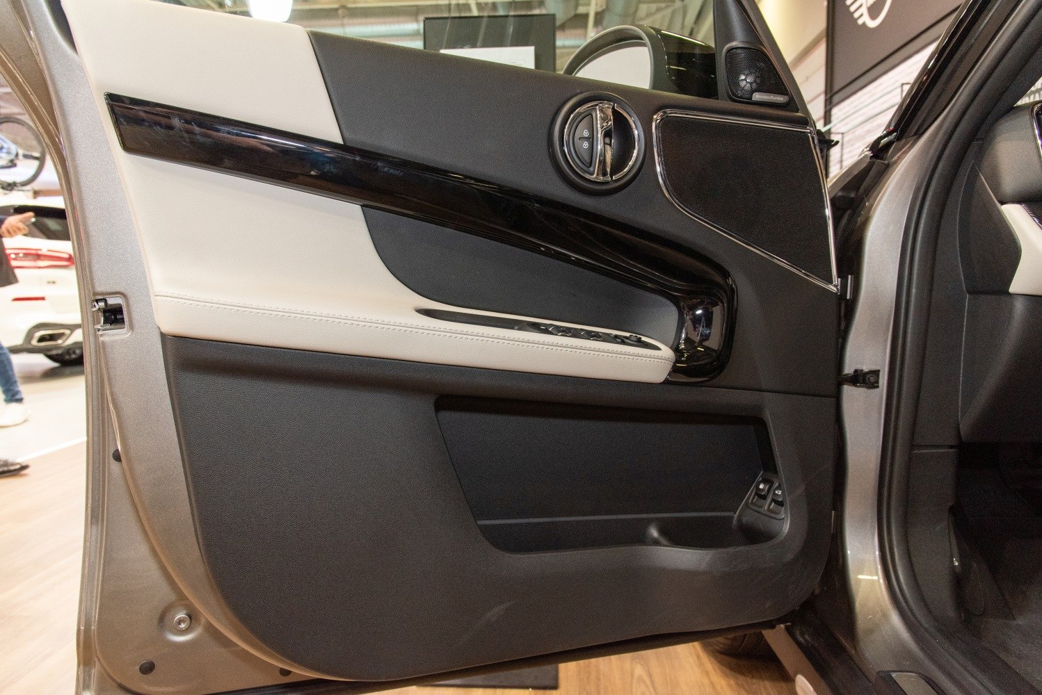 Interior door panel with controls and stylish trim