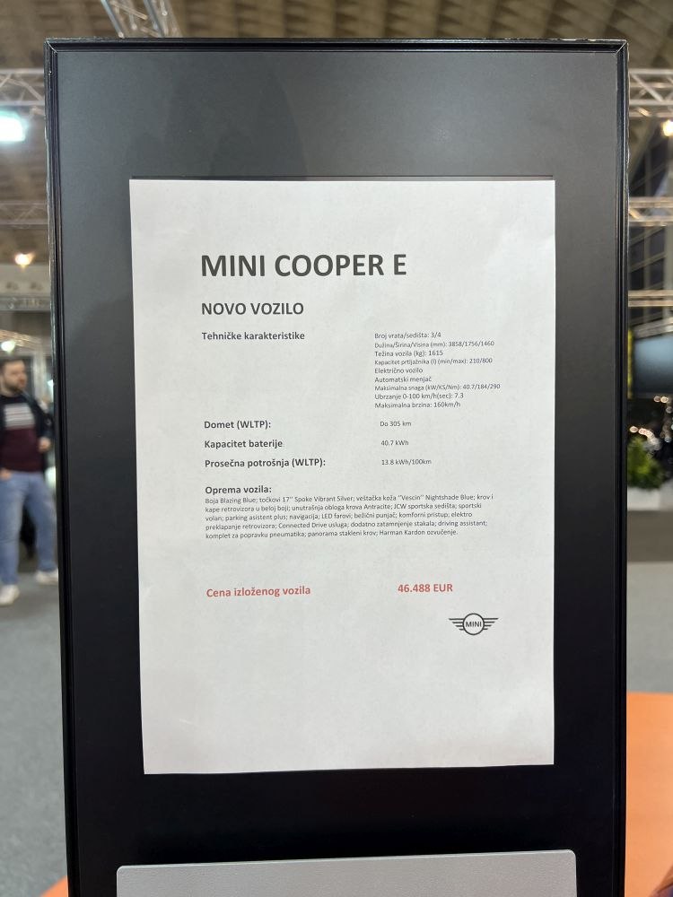 Detailed technical specs and pricing sheet for electric vehicle Mini Cooper E.