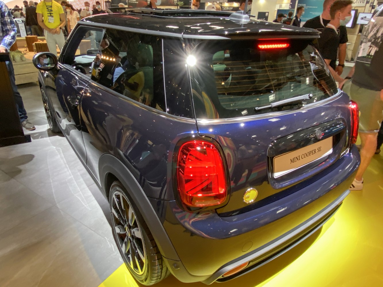Rear view of electric hatchback with Union Jack tail lights