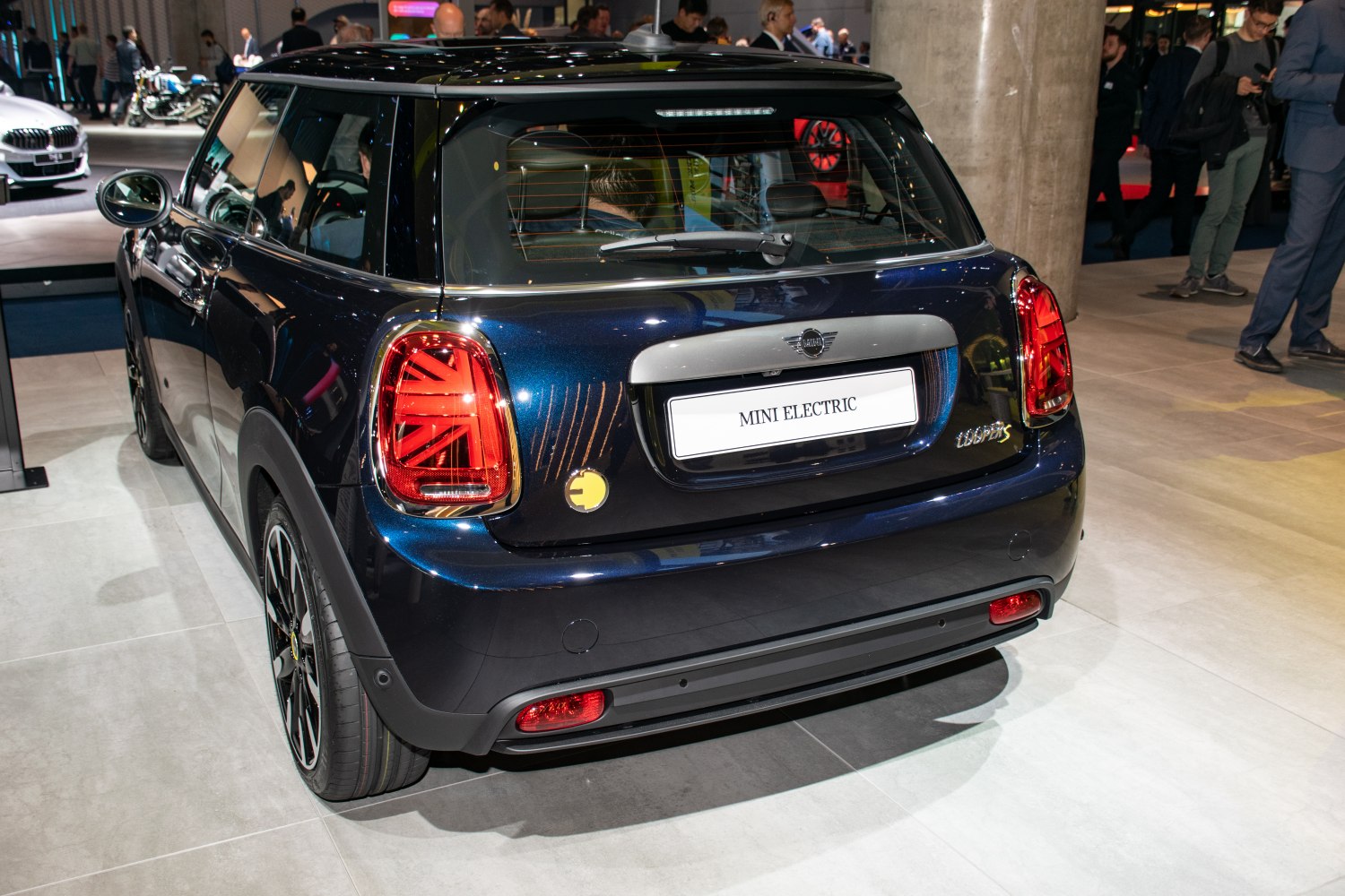 Rear view of Mini Electric hatchback with Union Jack taillights