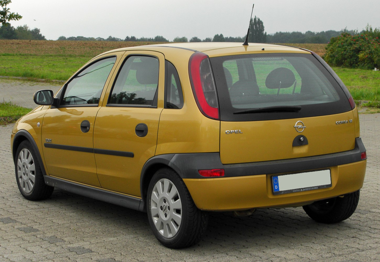Rear view of compact hatchback with distinctive vertical taillights and black bumper