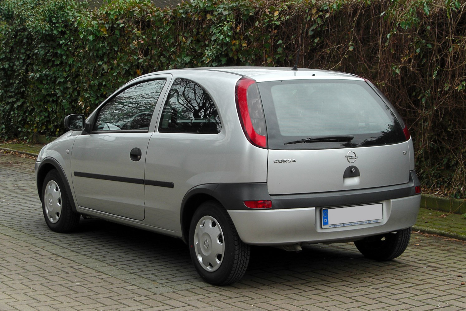 Rear view of three-door hatchback with vertical taillights and rounded rear window