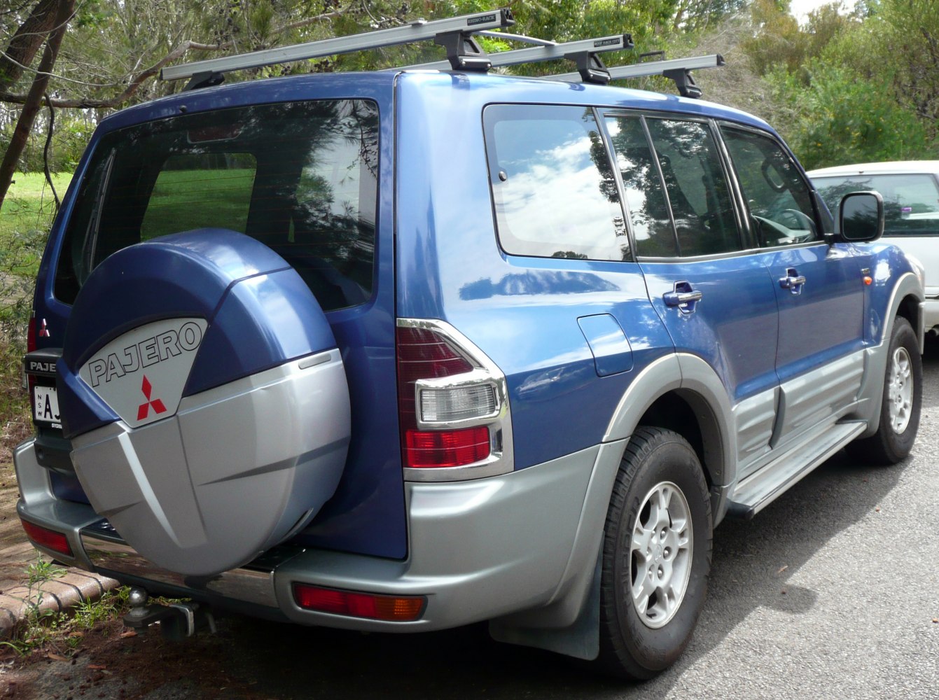 Rear and side view of SUV with spare tire cover and roof racks