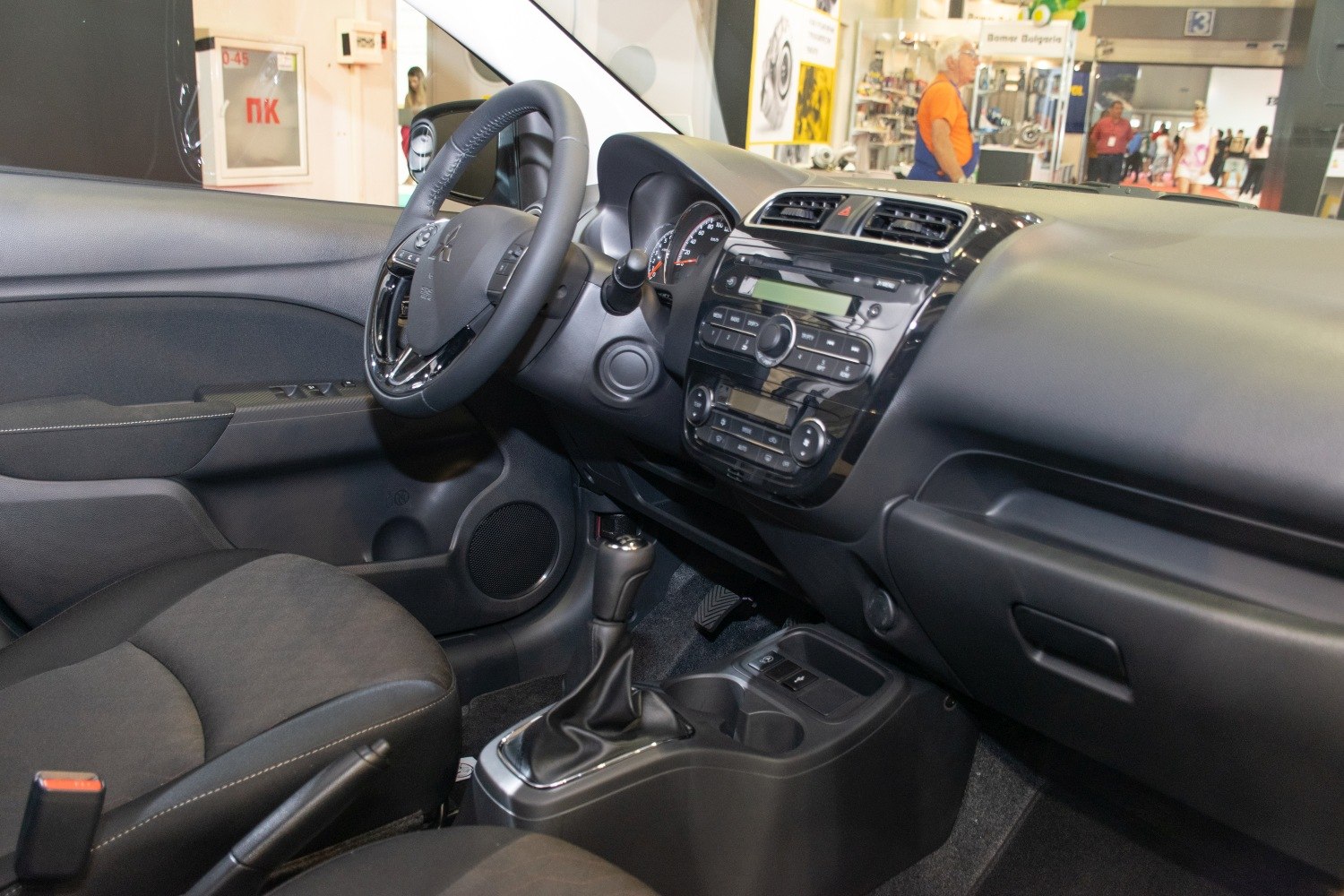 Dashboard, steering wheel, and center console of a car interior