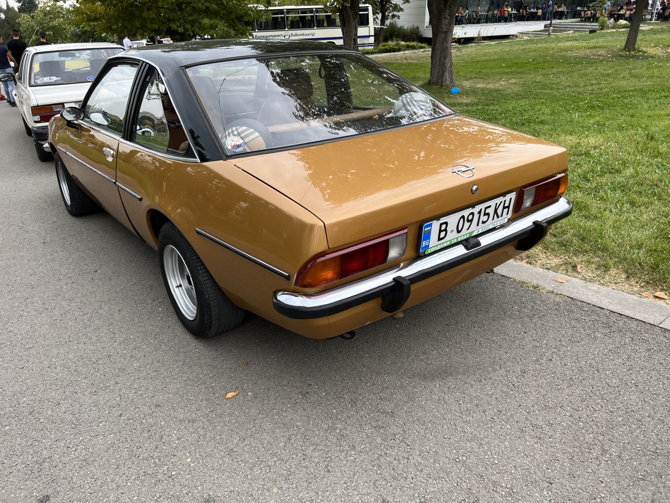 Classic 1970s coupe rear with distinct taillights and chrome bumper