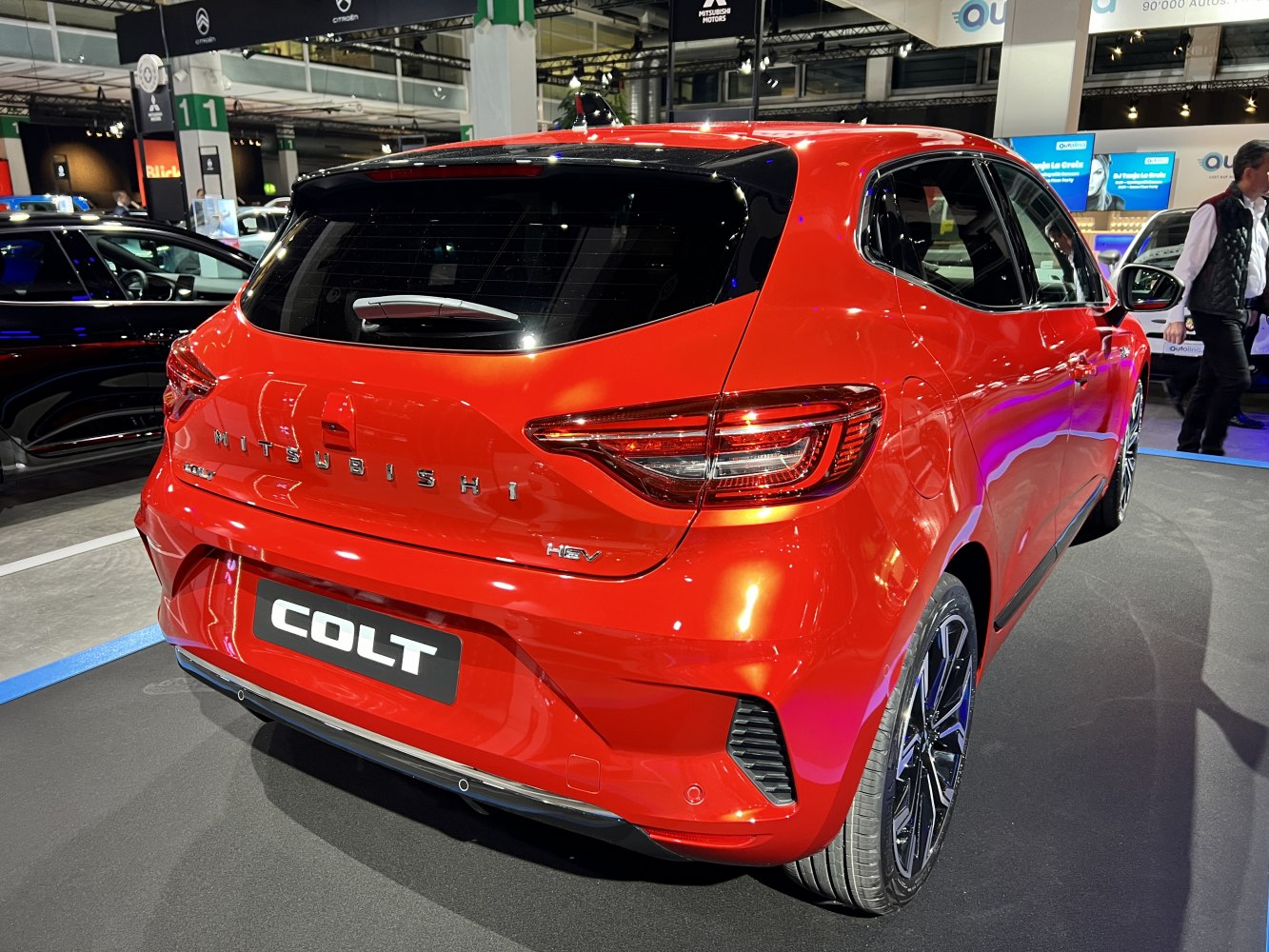 Rear view of hatchback with LED tail lights and hybrid badge