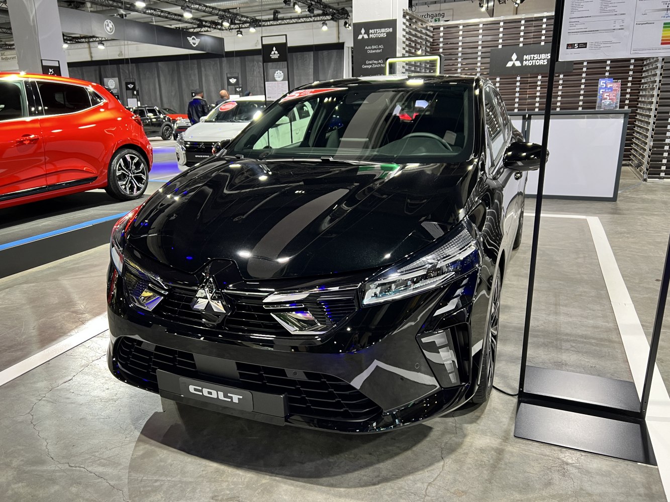 Sharp front fascia with LED headlights on a sleek hatchback