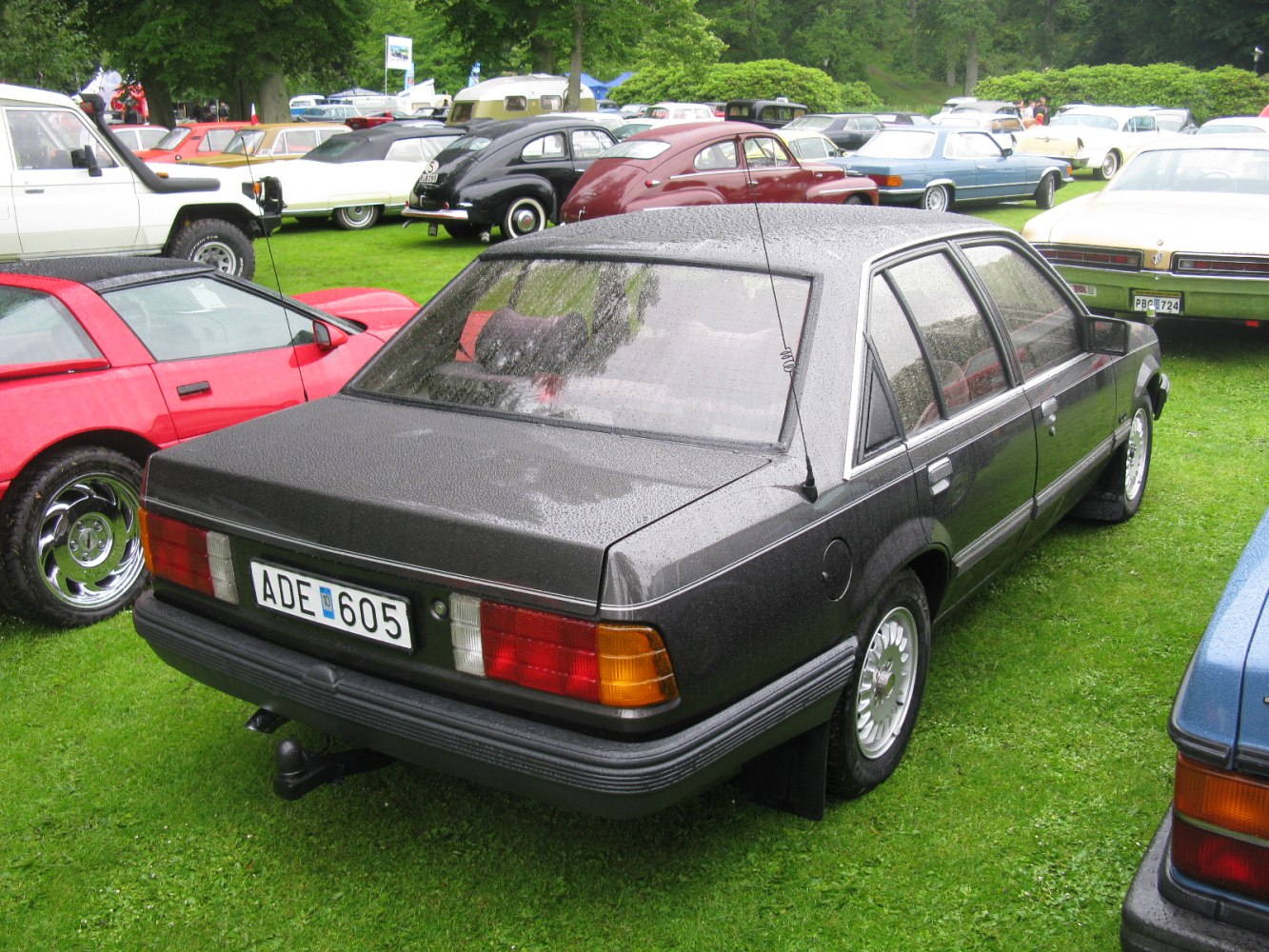 Rear view of a facelifted early-1980s sedan with vintage taillights and wet exterior