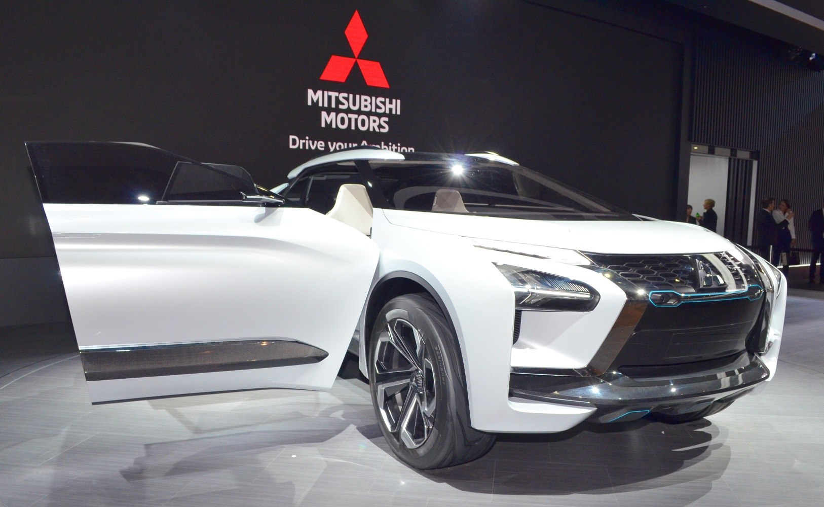 Electric SUV front view with open door and LED headlights