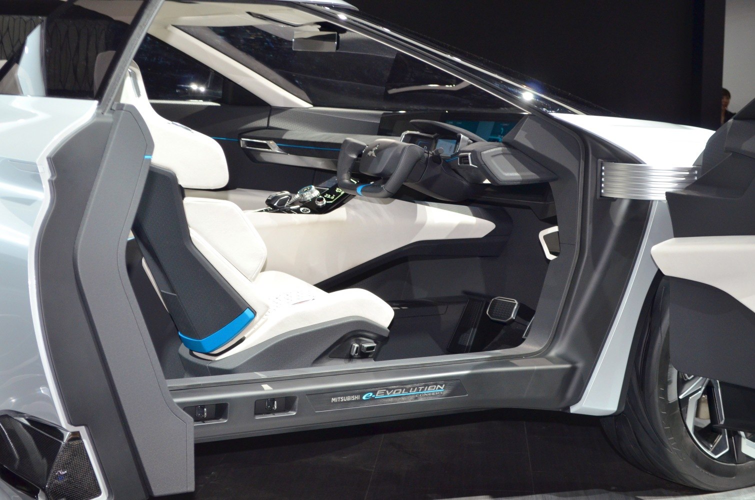 Futuristic digital dashboard and advanced cockpit with white seats