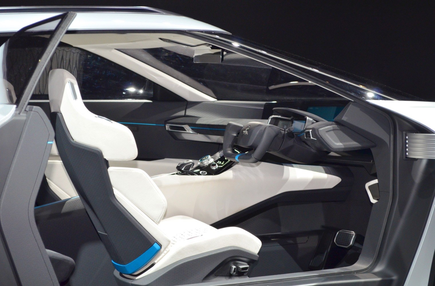 Futuristic electric concept car interior with digital cockpit and sport seats