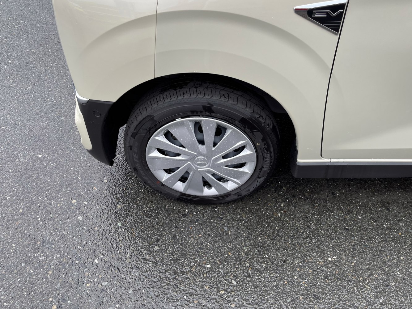 Close-up of wheel and EV badge on wheel arch