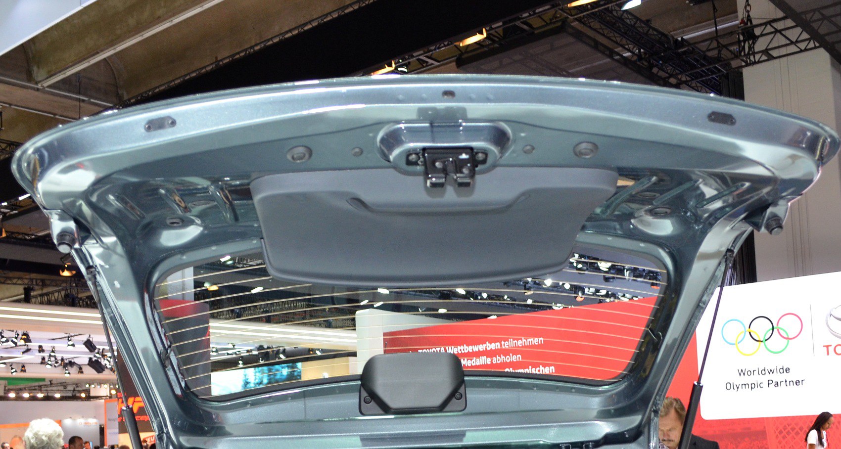 Rear tailgate interior with latch and rear window heating lines