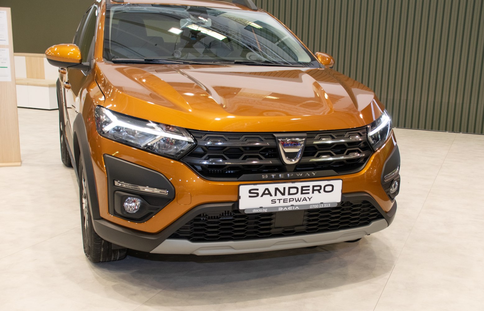 Close-up of front grille and LED headlights