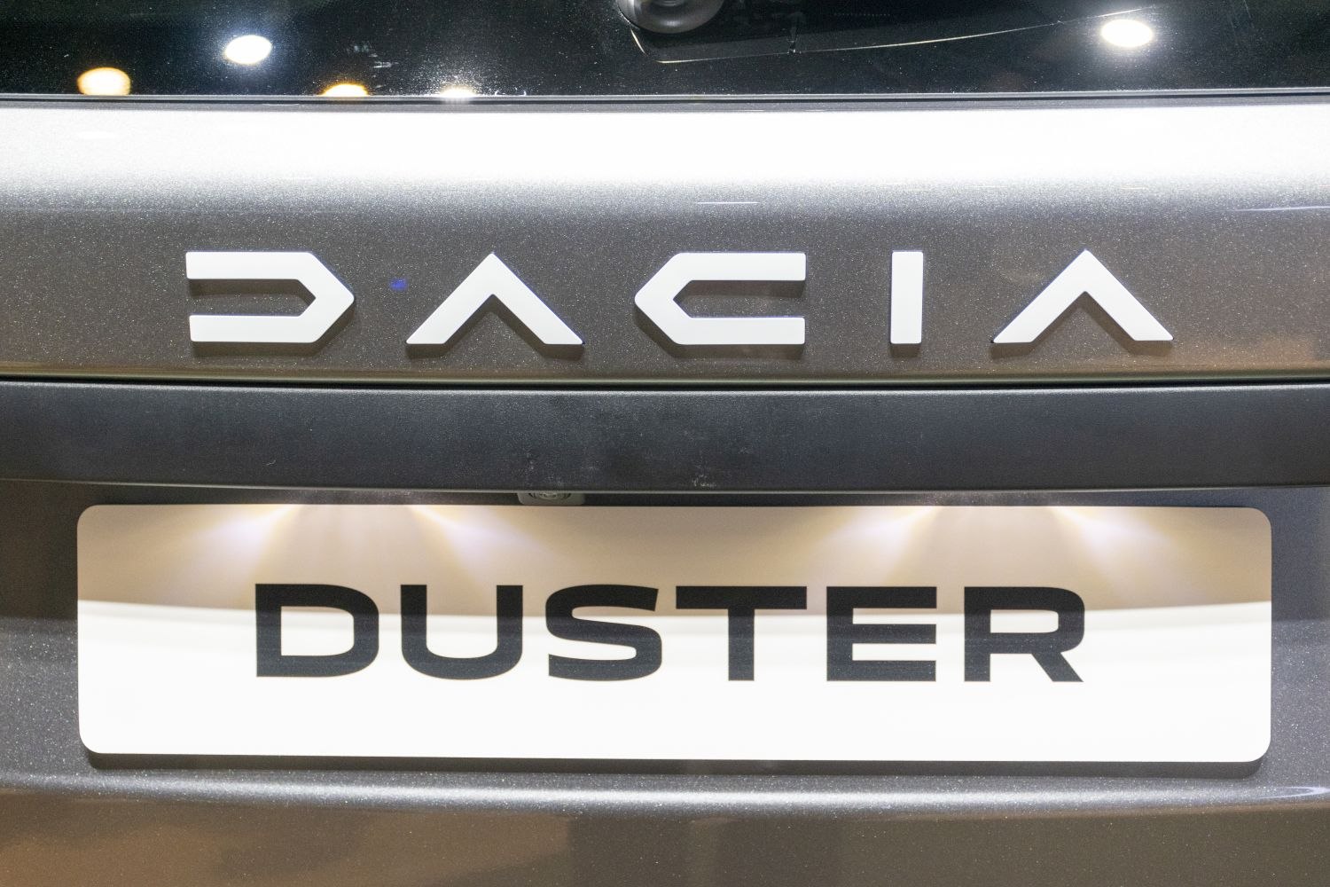 Close-up of rear badge and license plate showing distinct car branding