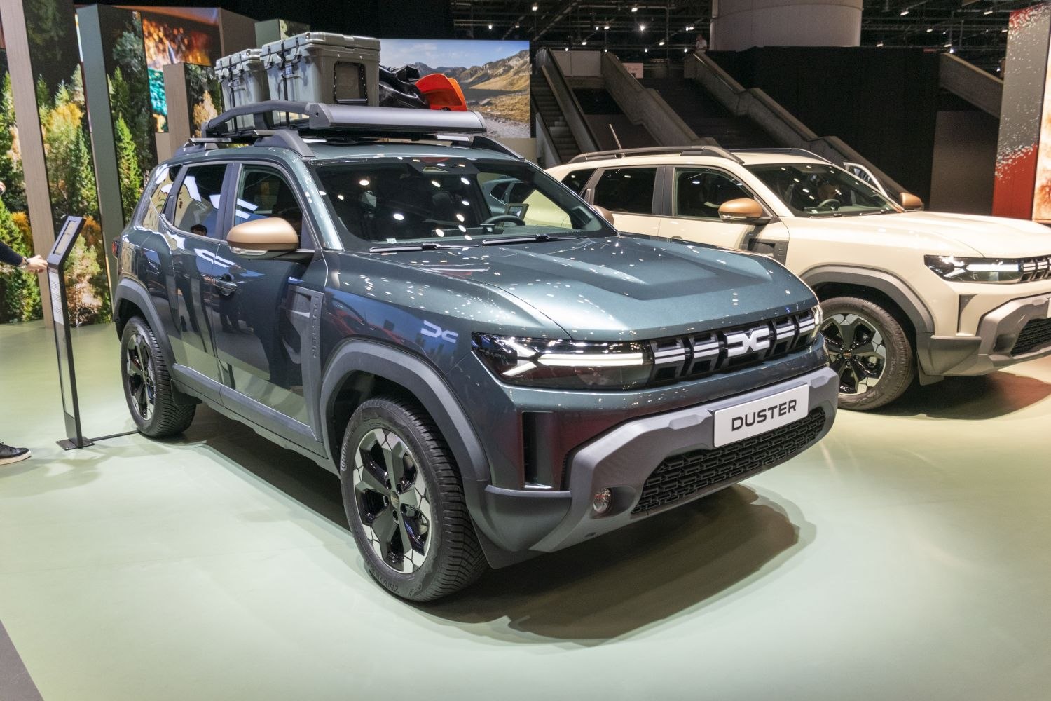 SUV with rugged roof rack and sleek modern front design