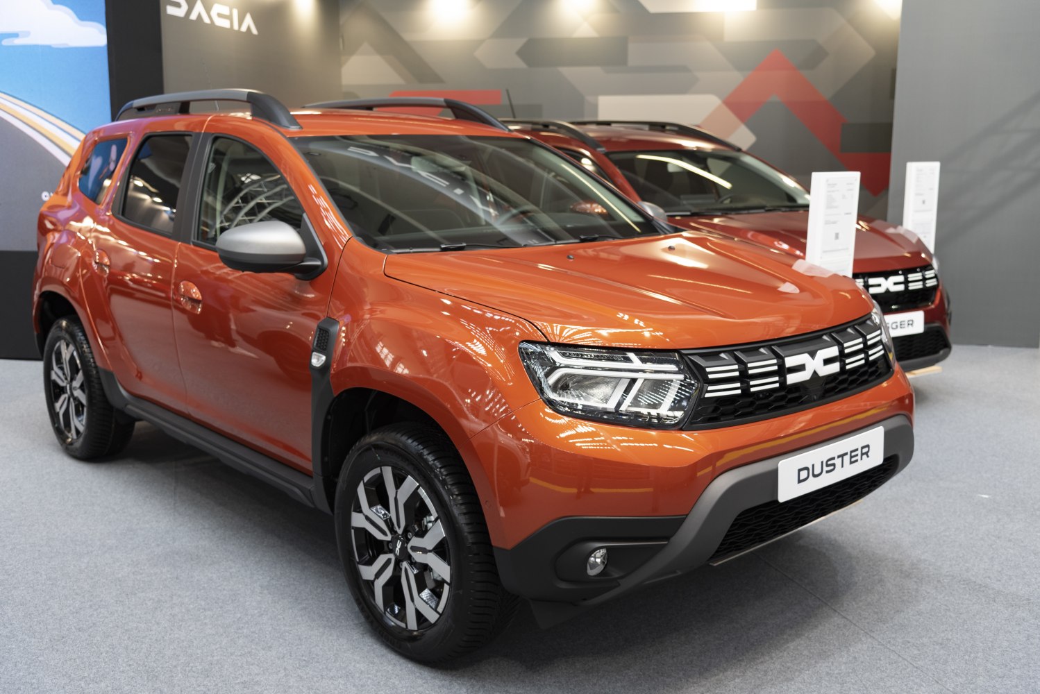 Front view of SUV with LED headlights and alloy wheels