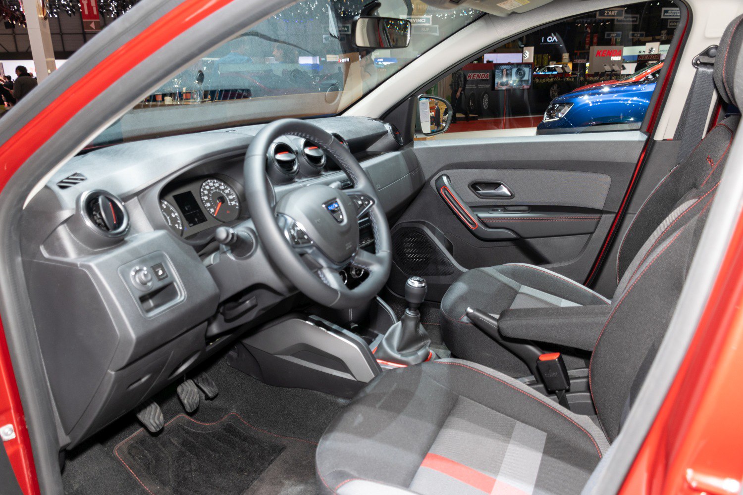 Front interior cabin with manual transmission and ergonomic dashboard