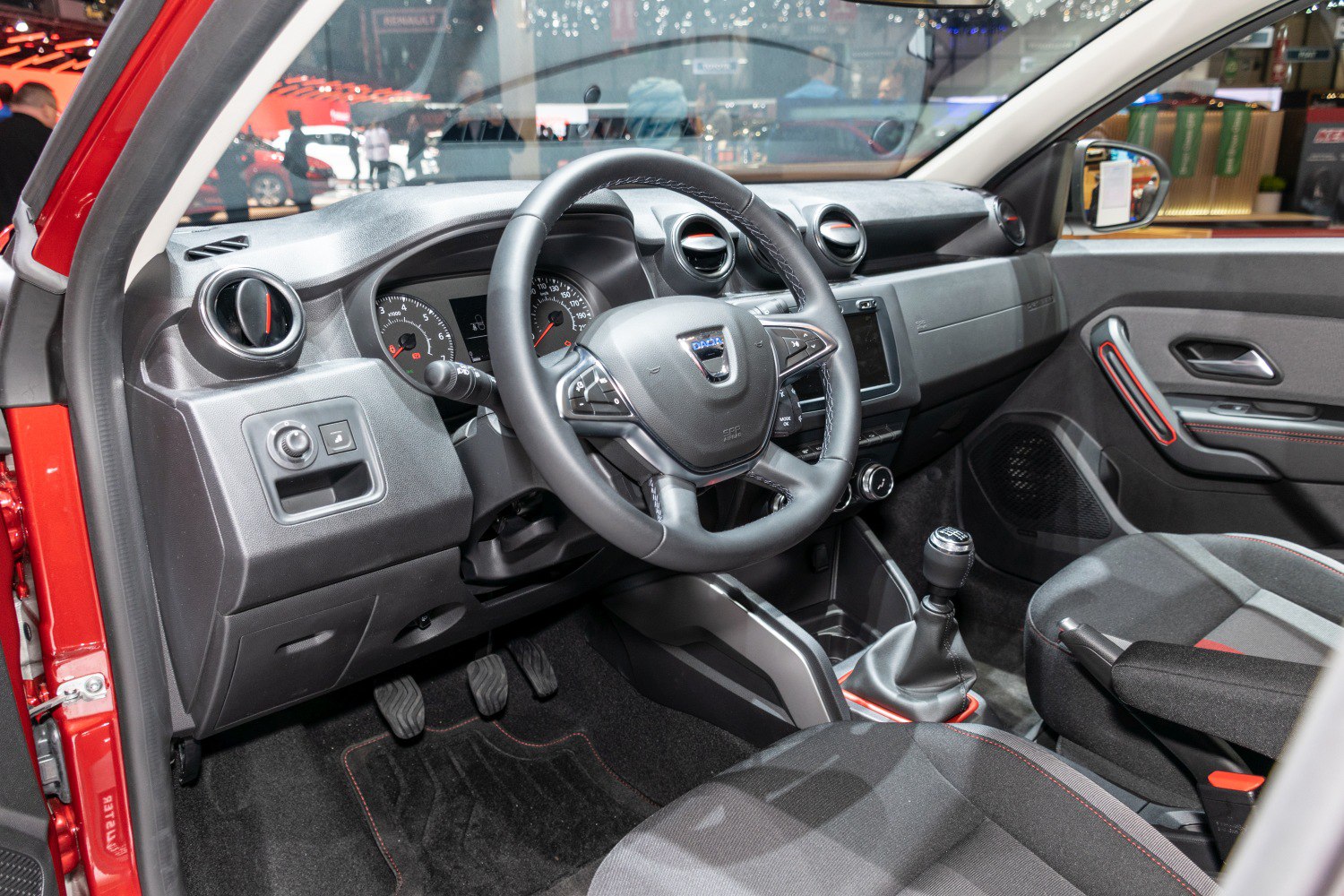 Interior dashboard with steering wheel and manual gear shift