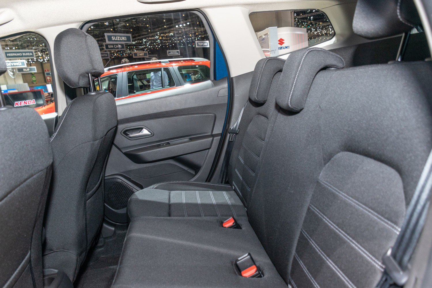 Rear seat interior with fabric upholstery and headrests