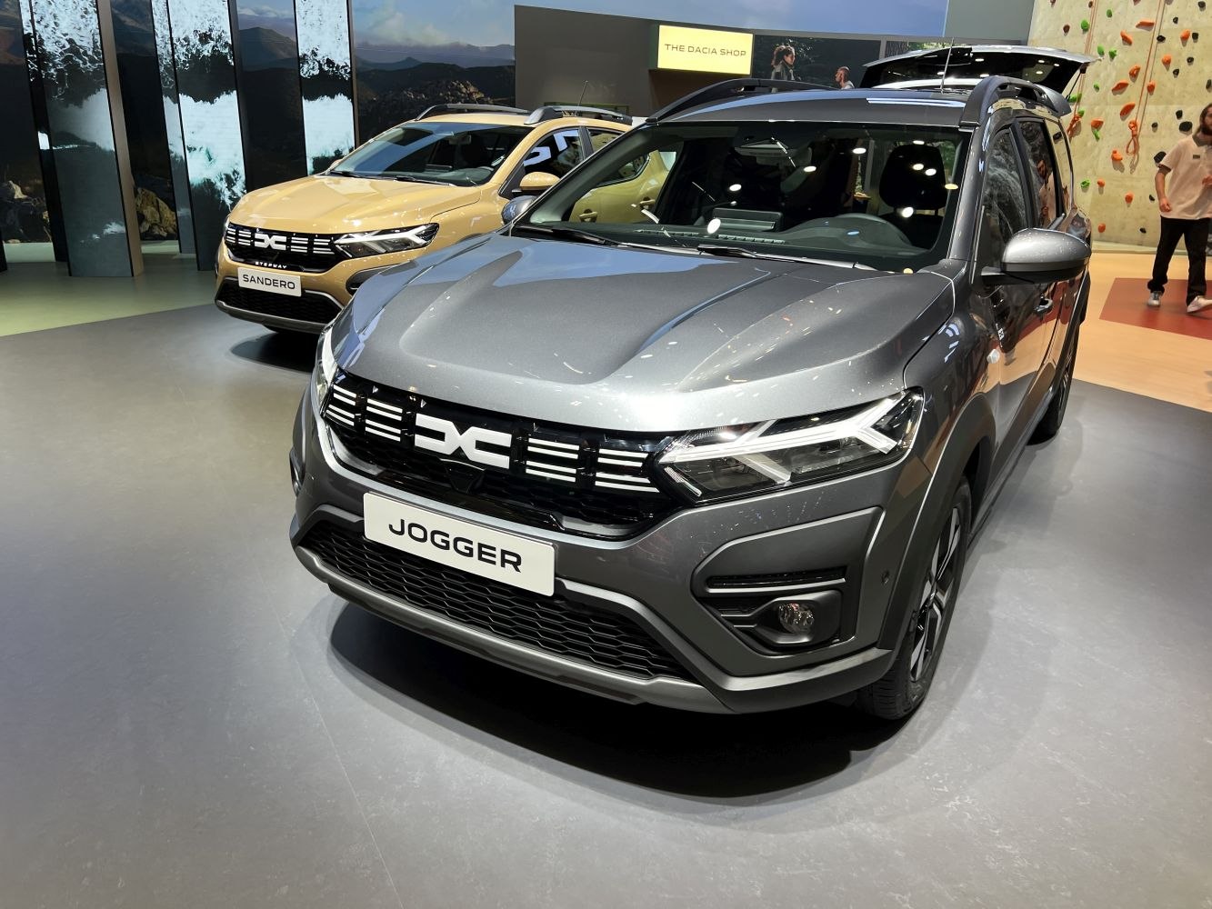 Gray SUV front with LED headlights and distinctive grille design.