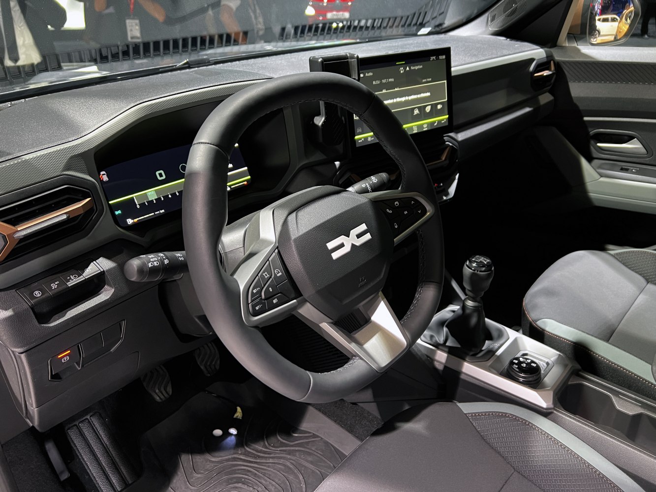 Modern car interior with digital dashboard and touchscreen infotainment