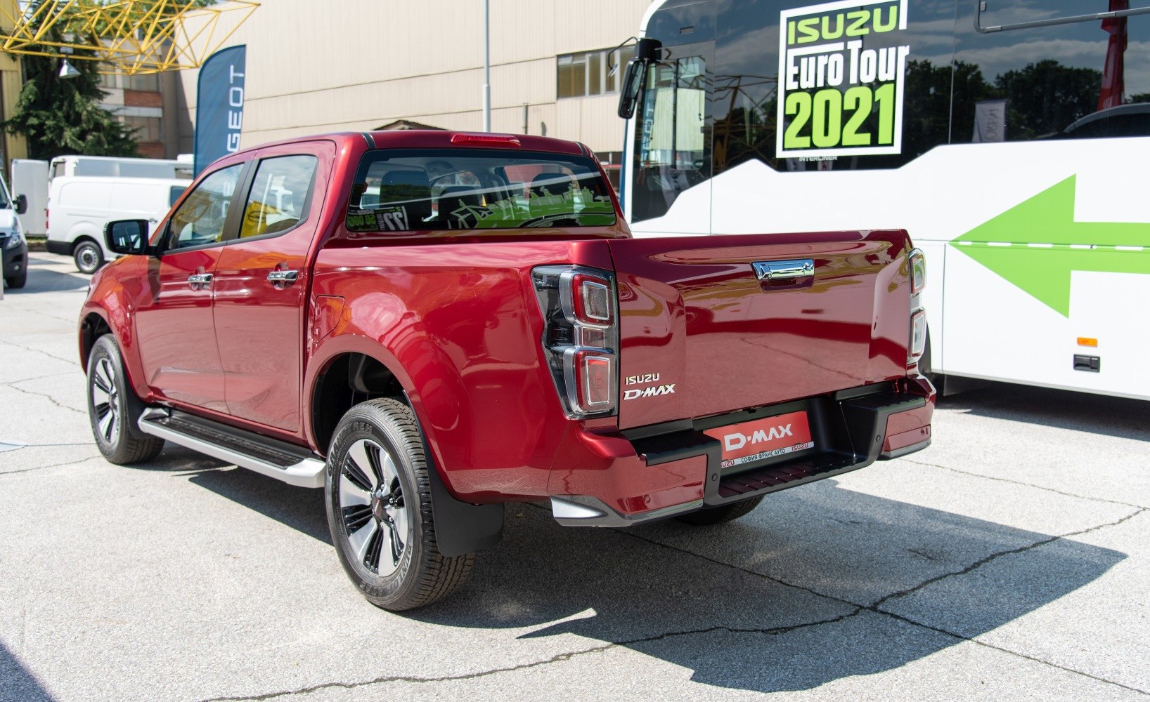 Rear view of mid-size pickup with double cab and distinctive taillights