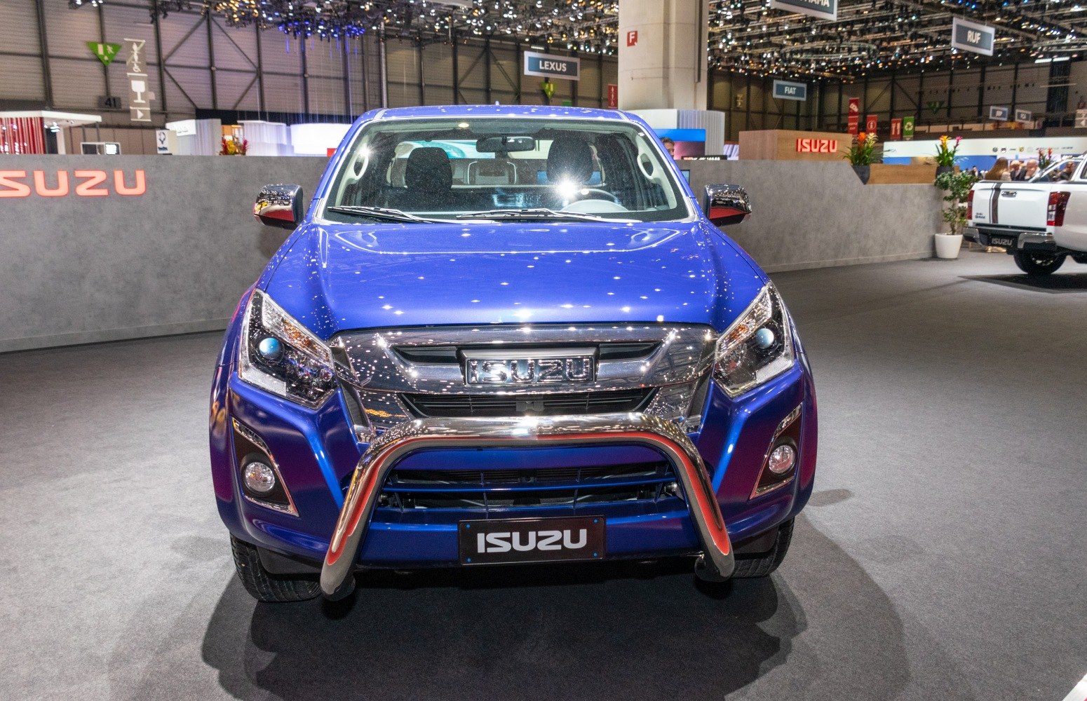 Front view of a blue pickup with bull bar and chrome grille