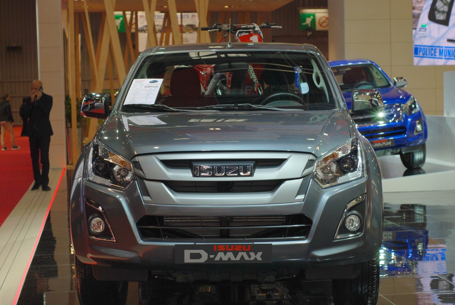 Front view with grille and headlights of a pickup truck