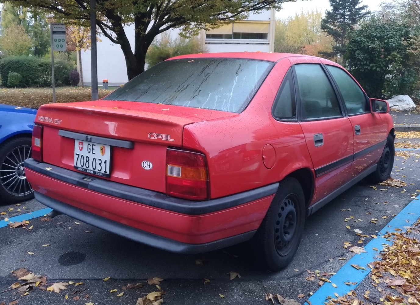 Red sedan rear view with black trim and weathered rear window