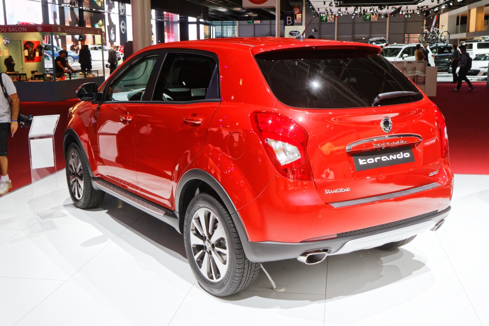 Rear and side view of red SUV with alloy wheels and dual exhaust