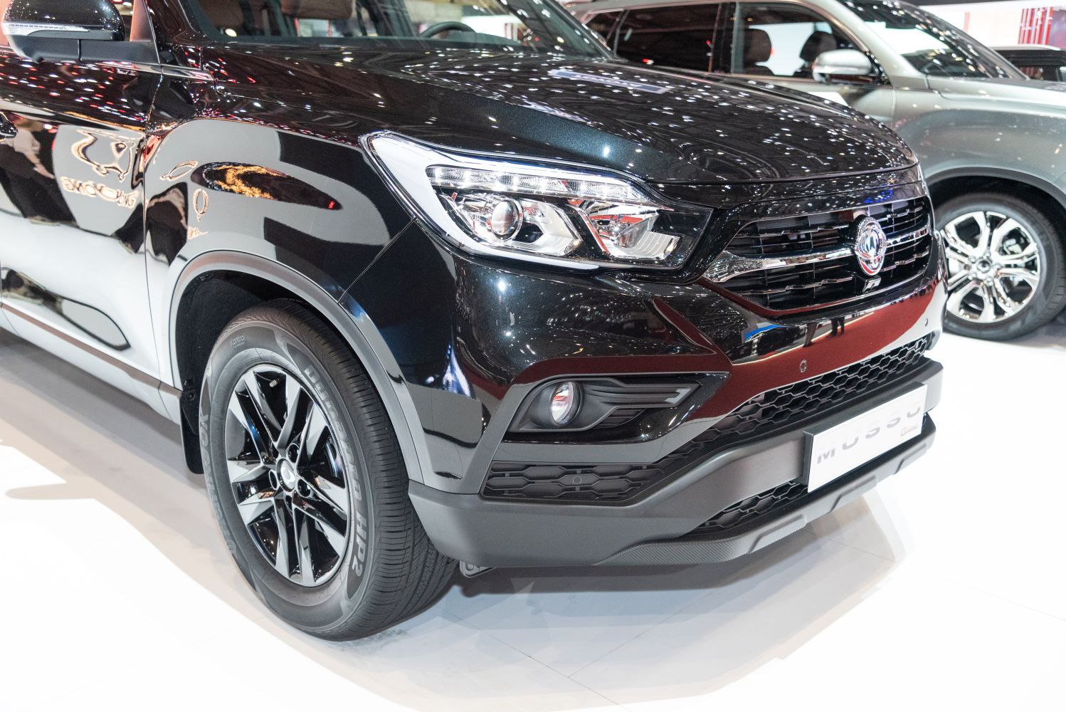 Front section highlighting headlight, grille, and alloy wheel