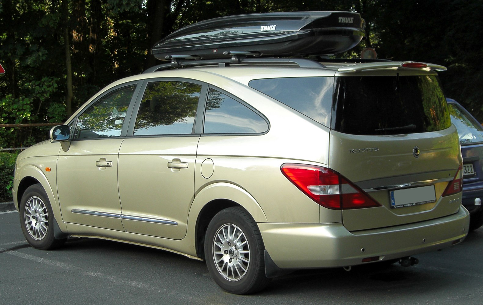 Side and rear view of an MPV with roof cargo box and alloy wheels.