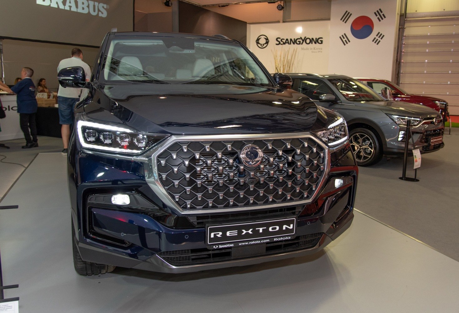 Close-up of front grille and LED headlights of SUV