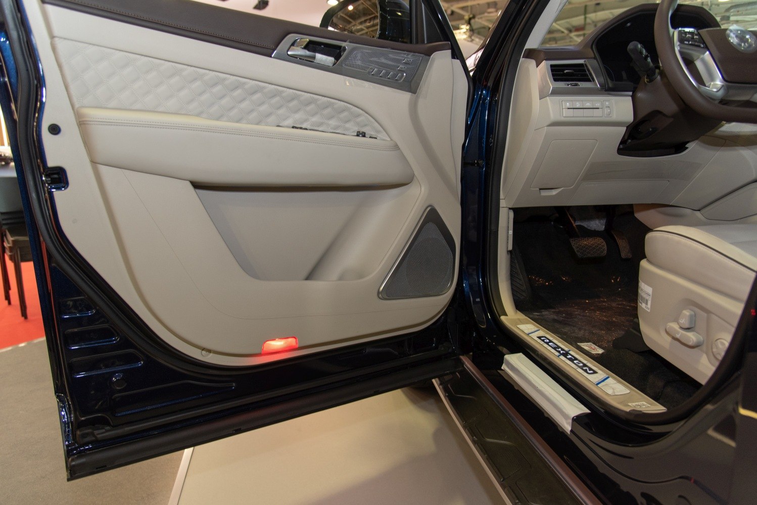 Driver side interior door panel with leather upholstery and front cabin driver's area.