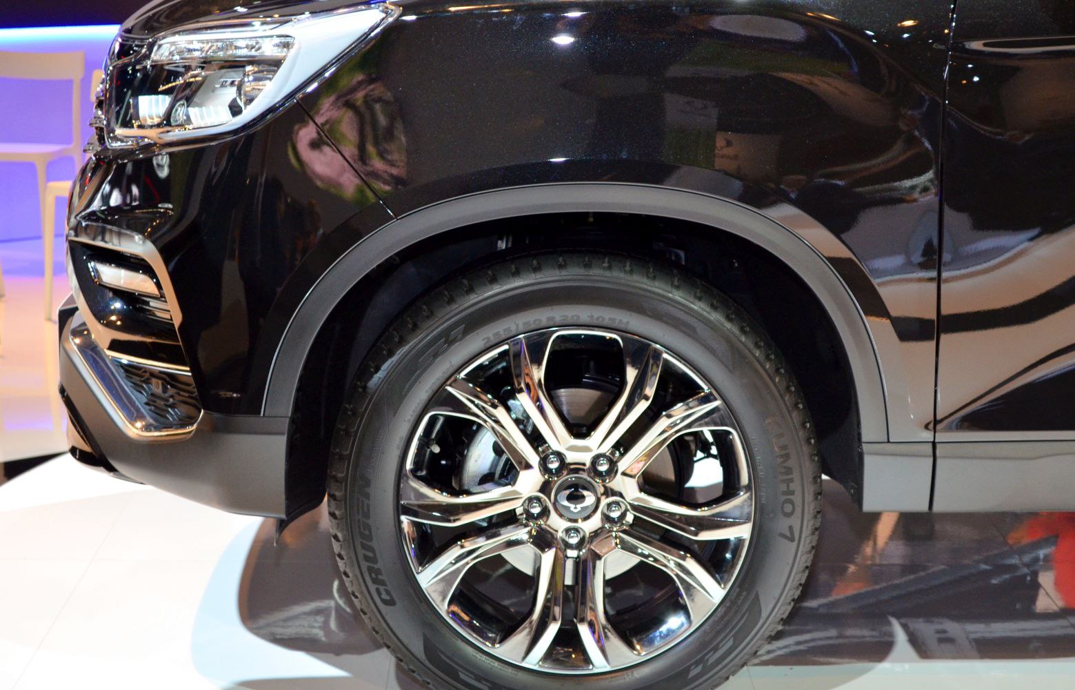 Front wheel with polished alloy rim and LED headlight section