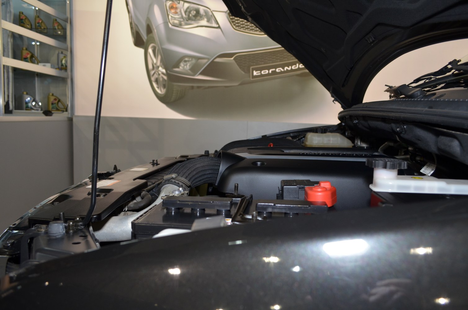 Open hood showing detailed engine bay components