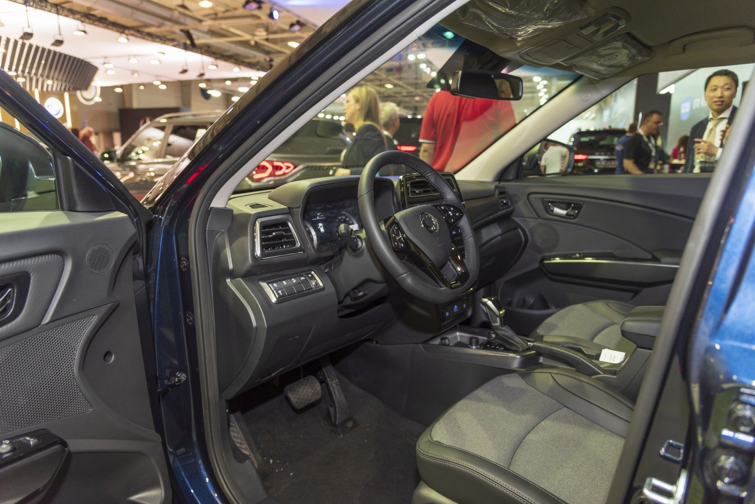 Dashboard, steering wheel, and driver cabin interior view