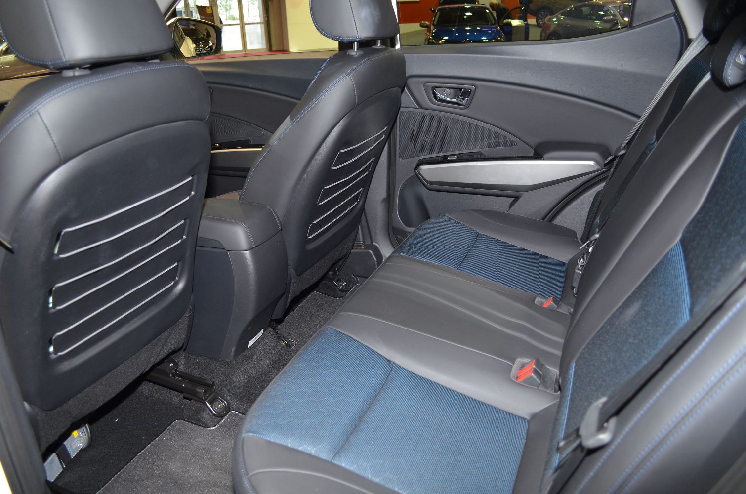 Rear passenger seating with leather and fabric upholstery and door panel details
