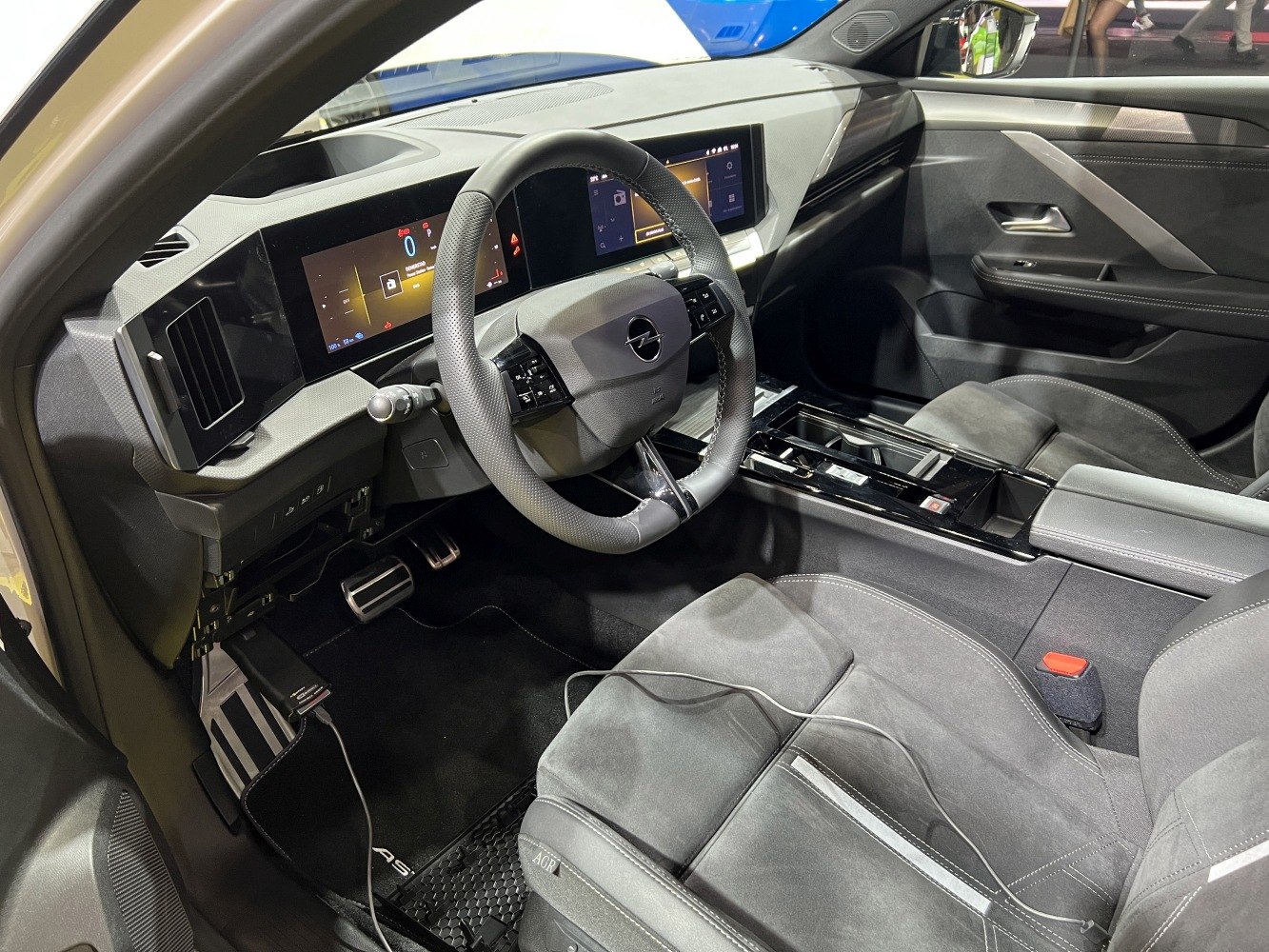 Interior with dual digital instrument and infotainment displays, multifunction steering wheel