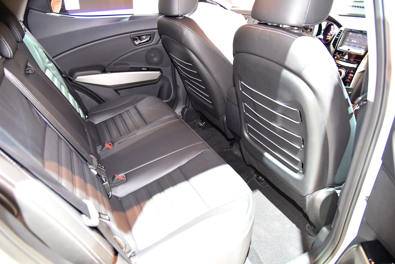 Rear black leather seats and front seat backs with storage nets