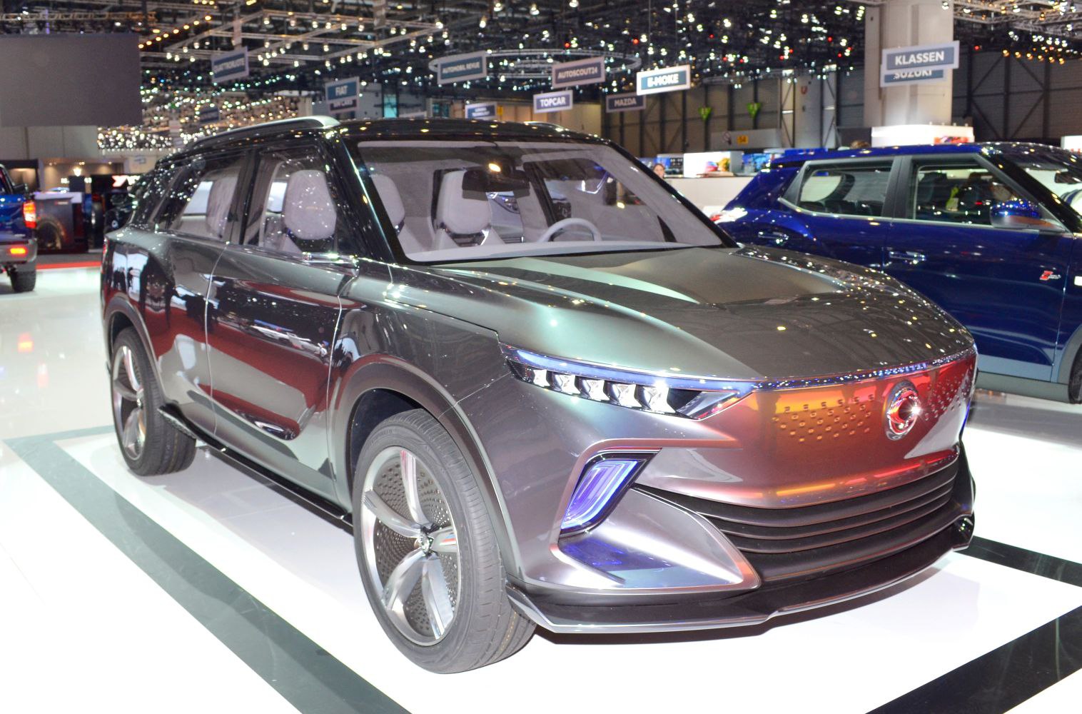 Futuristic SUV front with LED headlights and unique fascia