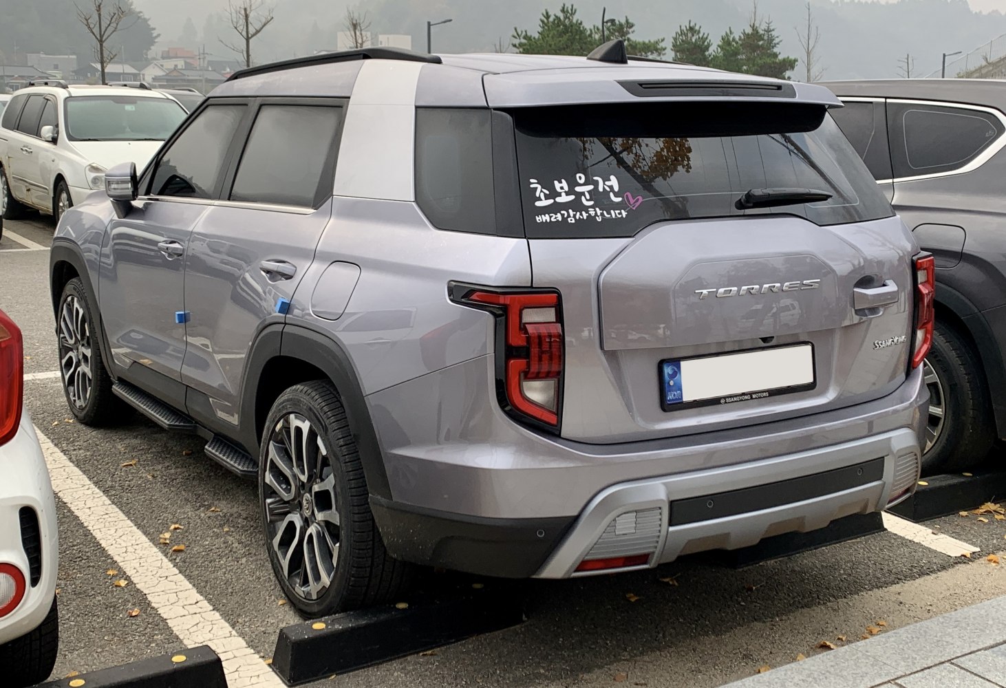 Rear view of a modern SUV with distinct tail lights and roof spoiler