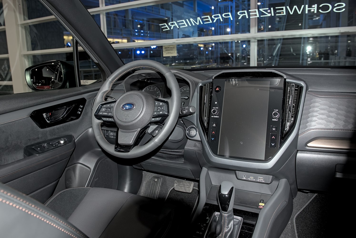 Steering wheel and large touchscreen infotainment system interior