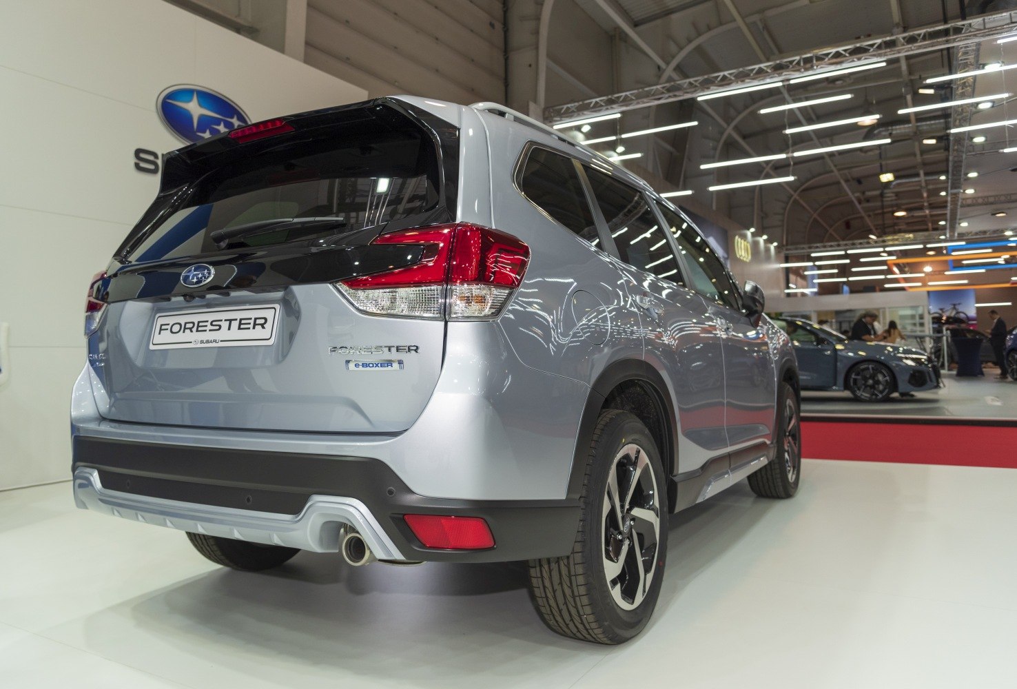 Rear view and taillights with e-BOXER badge on a modern hybrid SUV