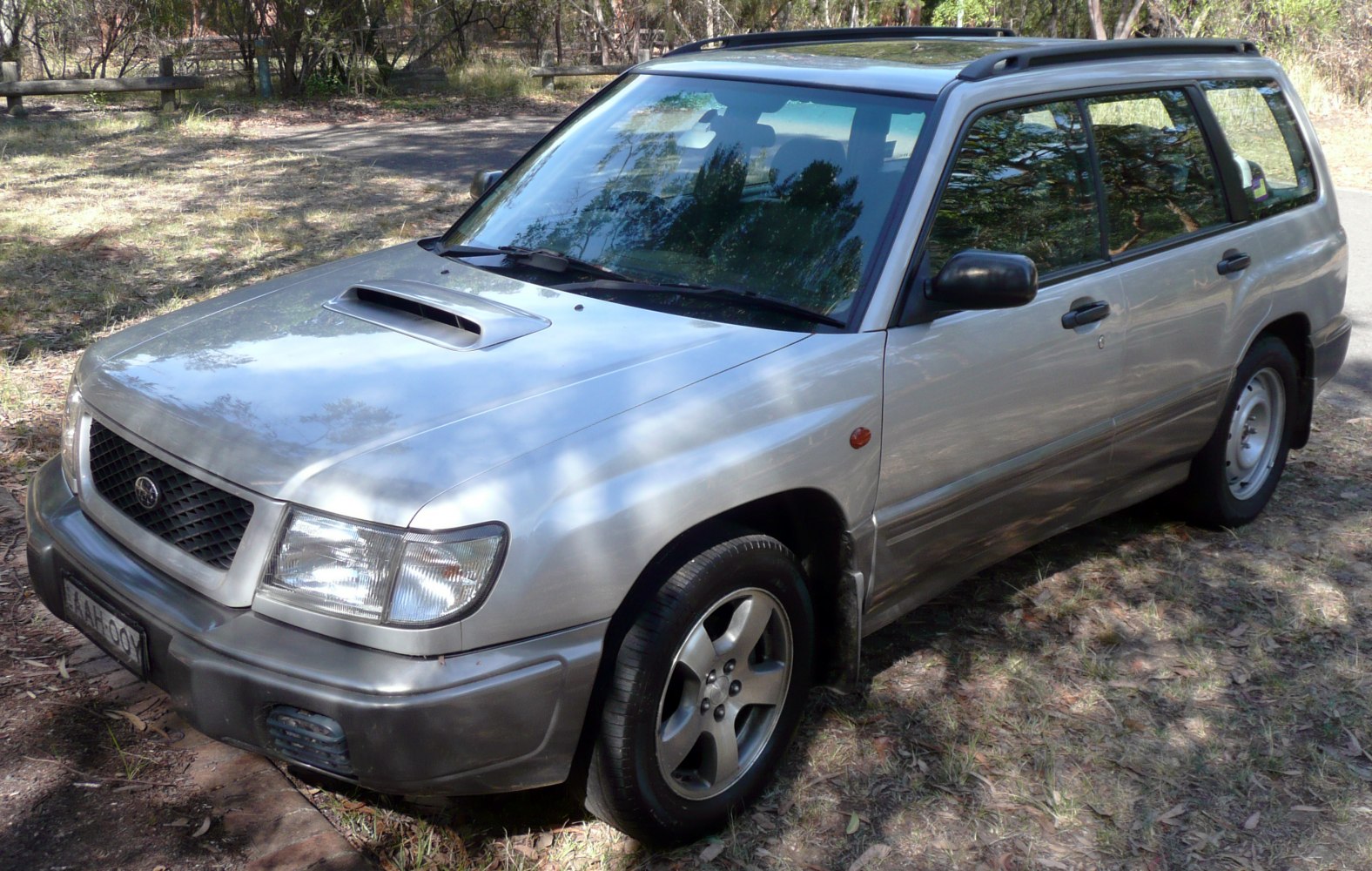 Silver SUV with hood scoop, roof rails, alloy wheels