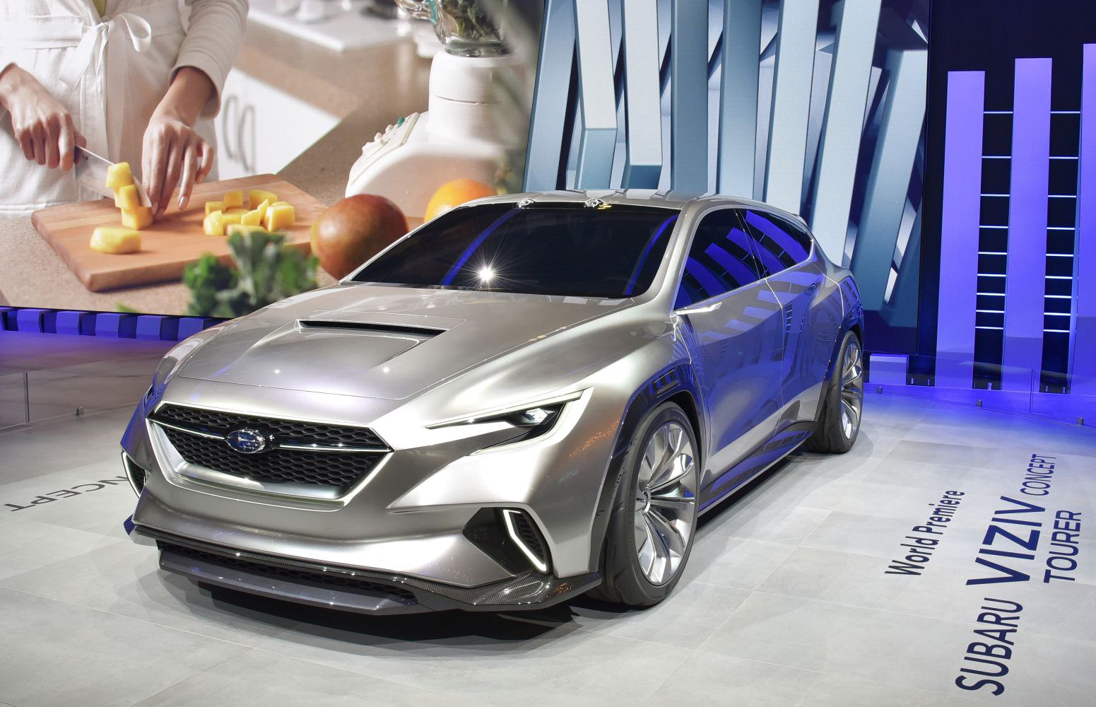 Futuristic SUV concept with sharp lines, LED lights, and aerodynamic design.