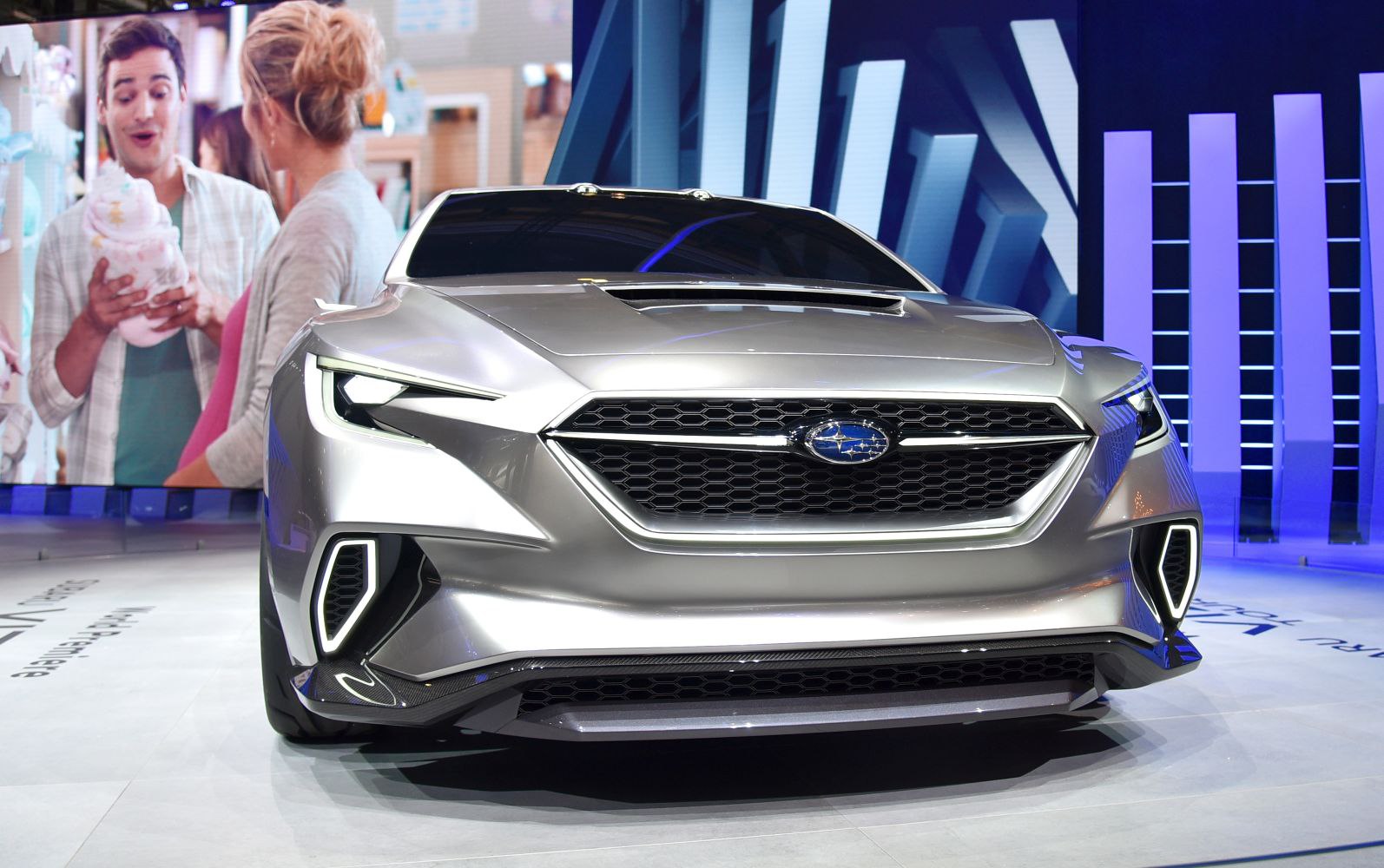 Front grille and sharp LED headlights design of a futuristic car concept