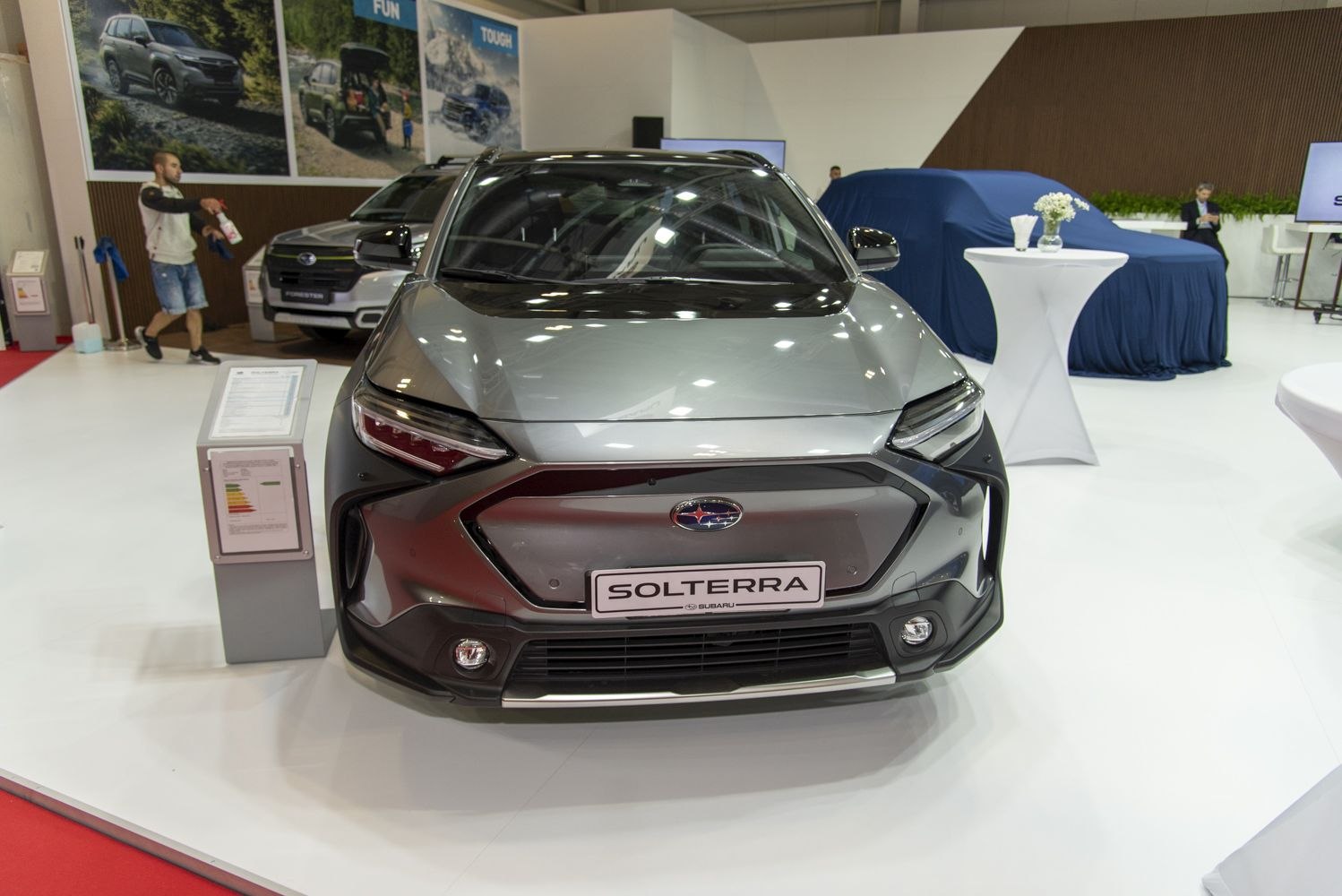 Frontal close-up of modern crossover SUV with LED headlights and fog lights